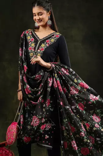 floral embroidered v neck chanderi cotton kurta with trousers & dupatta