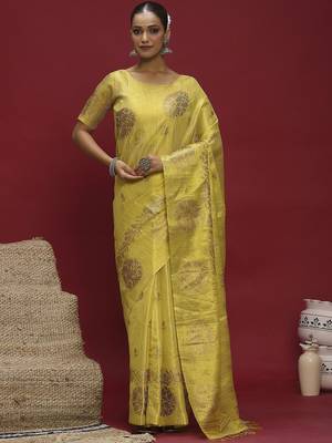Yellow ethnic motifs linen blend designer banarasi saree 1