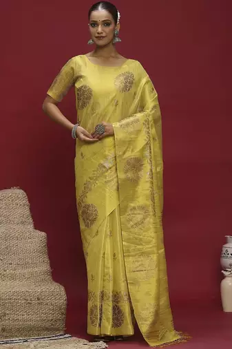 Yellow ethnic motifs linen blend designer banarasi saree