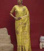Yellow ethnic motifs linen blend designer banarasi saree