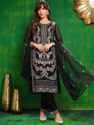women ethnic motifs embroidered regular thread work kurta with trousers & with dupatta 1