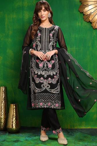 women ethnic motifs embroidered regular thread work kurta with trousers & with dupatta