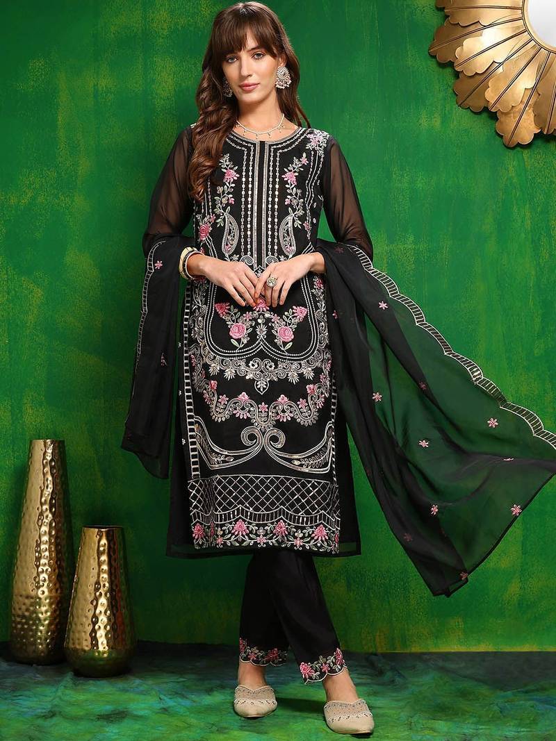 women ethnic motifs embroidered regular thread work kurta with trousers & with dupatta