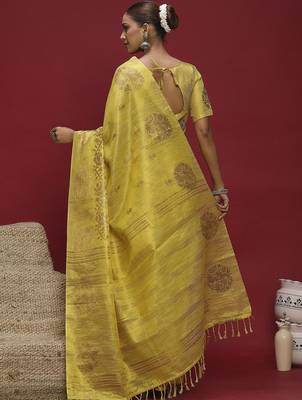 Yellow ethnic motifs linen blend designer banarasi saree 2