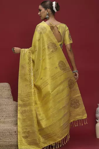 Yellow ethnic motifs linen blend designer banarasi saree