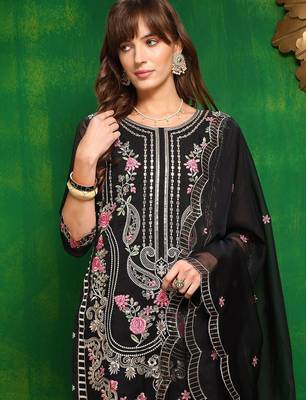women ethnic motifs embroidered regular thread work kurta with trousers & with dupatta 2