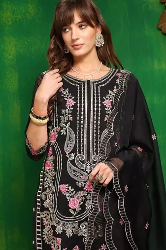 women ethnic motifs embroidered regular thread work kurta with trousers & with dupatta