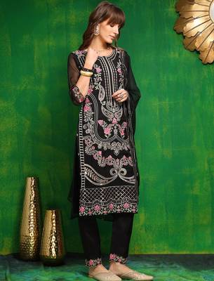 women ethnic motifs embroidered regular thread work kurta with trousers & with dupatta 3