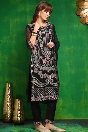 women ethnic motifs embroidered regular thread work kurta with trousers & with dupatta