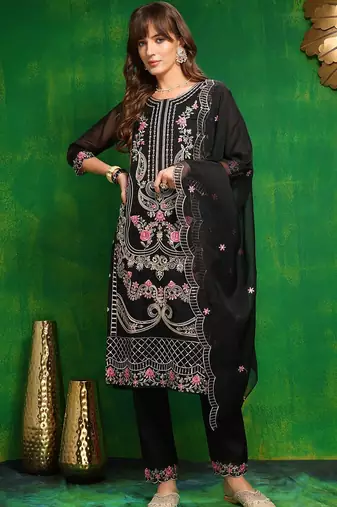 women ethnic motifs embroidered regular thread work kurta with trousers & with dupatta
