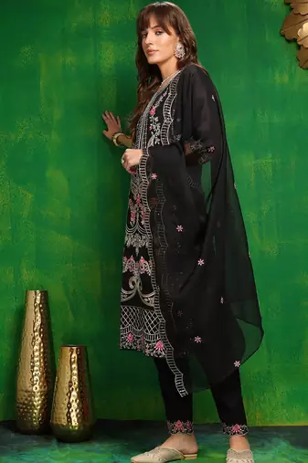 women ethnic motifs embroidered regular thread work kurta with trousers & with dupatta