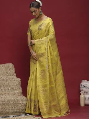 Yellow ethnic motifs linen blend designer banarasi saree 3