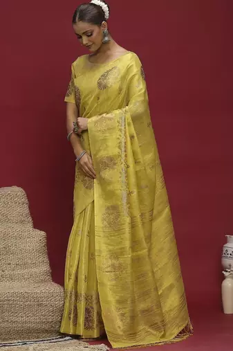 Yellow ethnic motifs linen blend designer banarasi saree