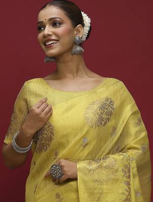 Yellow ethnic motifs linen blend designer banarasi saree 4