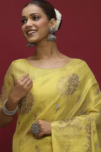 Yellow ethnic motifs linen blend designer banarasi saree