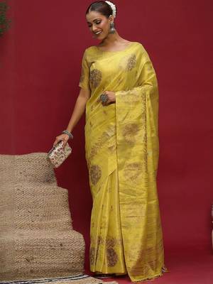 Yellow ethnic motifs linen blend designer banarasi saree 5