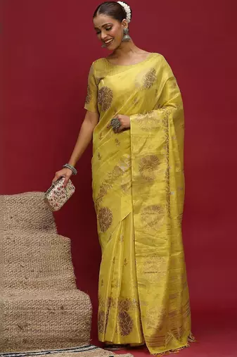 Yellow ethnic motifs linen blend designer banarasi saree