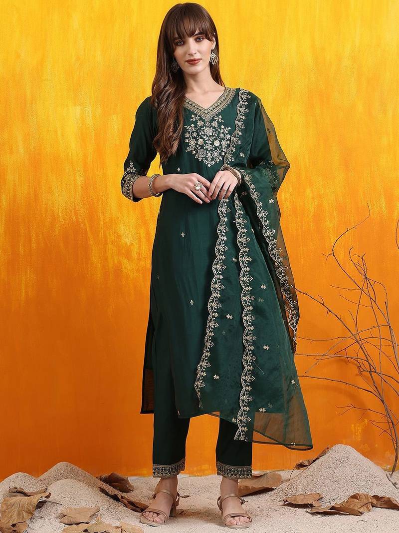 floral embroidered v-neck chanderi cotton straight kurta with trousers & dupatta