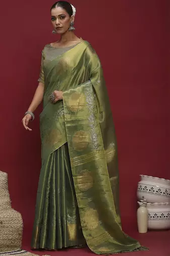 Green floral woven design banarasi linen sarees with blouse piece