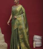 Green floral woven design banarasi linen sarees with blouse piece
