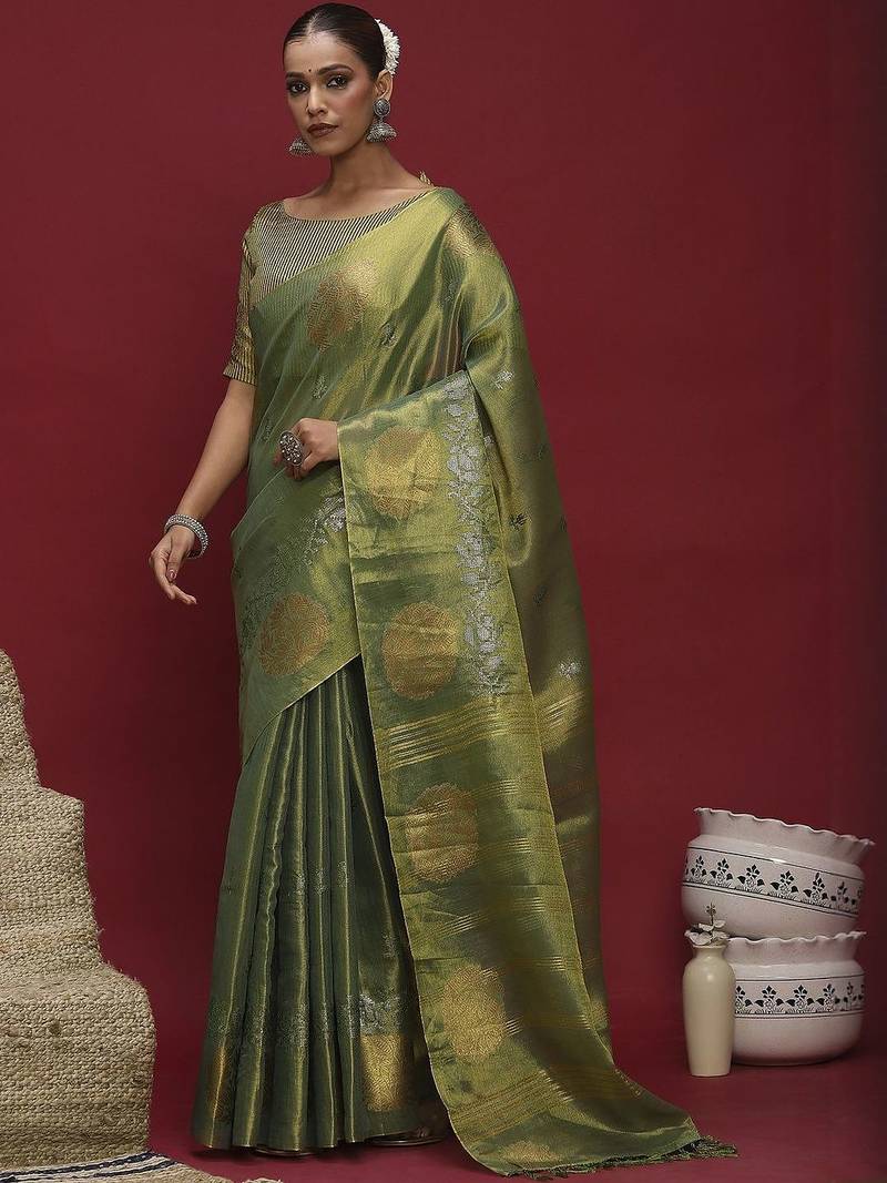 Green floral woven design banarasi linen sarees with blouse piece