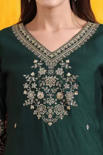 floral embroidered v-neck chanderi cotton straight kurta with trousers & dupatta