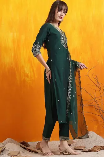 floral embroidered v-neck chanderi cotton straight kurta with trousers & dupatta