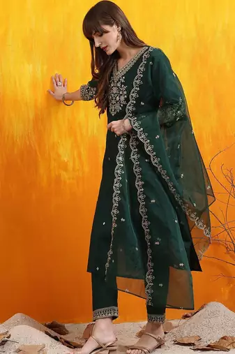 floral embroidered v-neck chanderi cotton straight kurta with trousers & dupatta