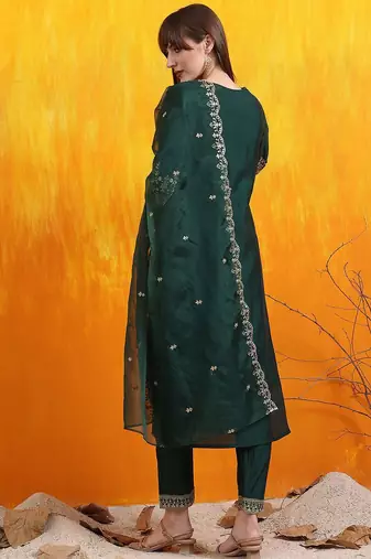 floral embroidered v-neck chanderi cotton straight kurta with trousers & dupatta
