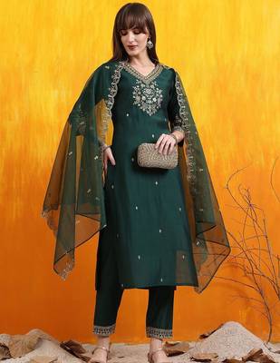 floral embroidered v-neck chanderi cotton straight kurta with trousers & dupatta 6