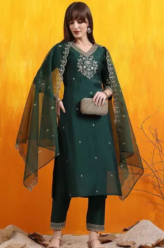 floral embroidered v-neck chanderi cotton straight kurta with trousers & dupatta