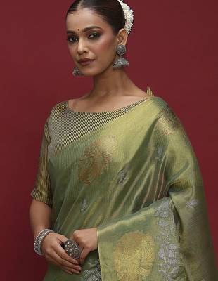 Green floral woven design banarasi linen sarees with blouse piece 2