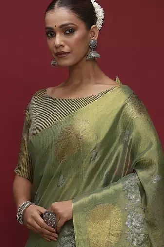 Green floral woven design banarasi linen sarees with blouse piece