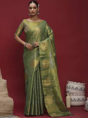Green floral woven design banarasi linen sarees with blouse piece 3