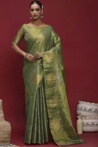 Green floral woven design banarasi linen sarees with blouse piece