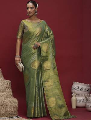Green floral woven design banarasi linen sarees with blouse piece 4