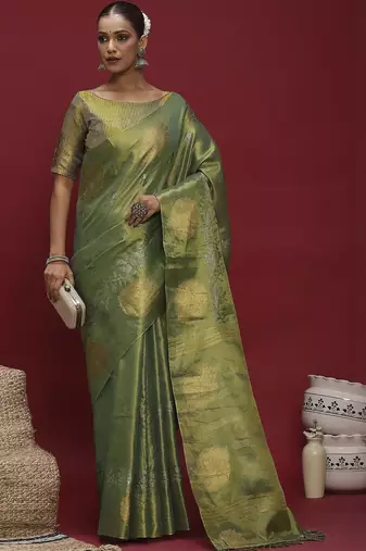 Green floral woven design banarasi linen sarees with blouse piece
