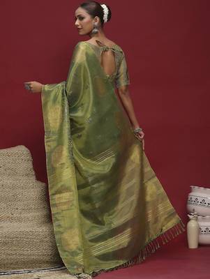 Green floral woven design banarasi linen sarees with blouse piece 5
