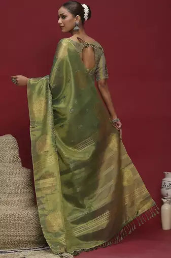 Green floral woven design banarasi linen sarees with blouse piece