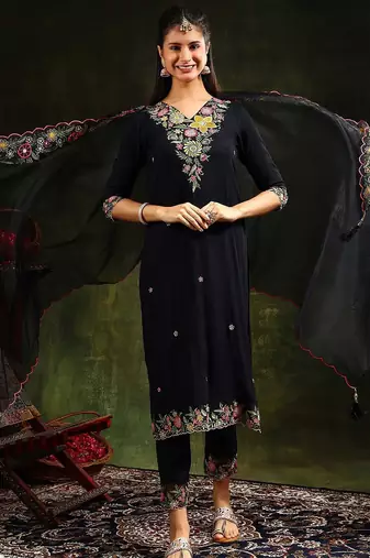 women ethnic motifs embroidered regular thread work kurta with trousers & with dupatta