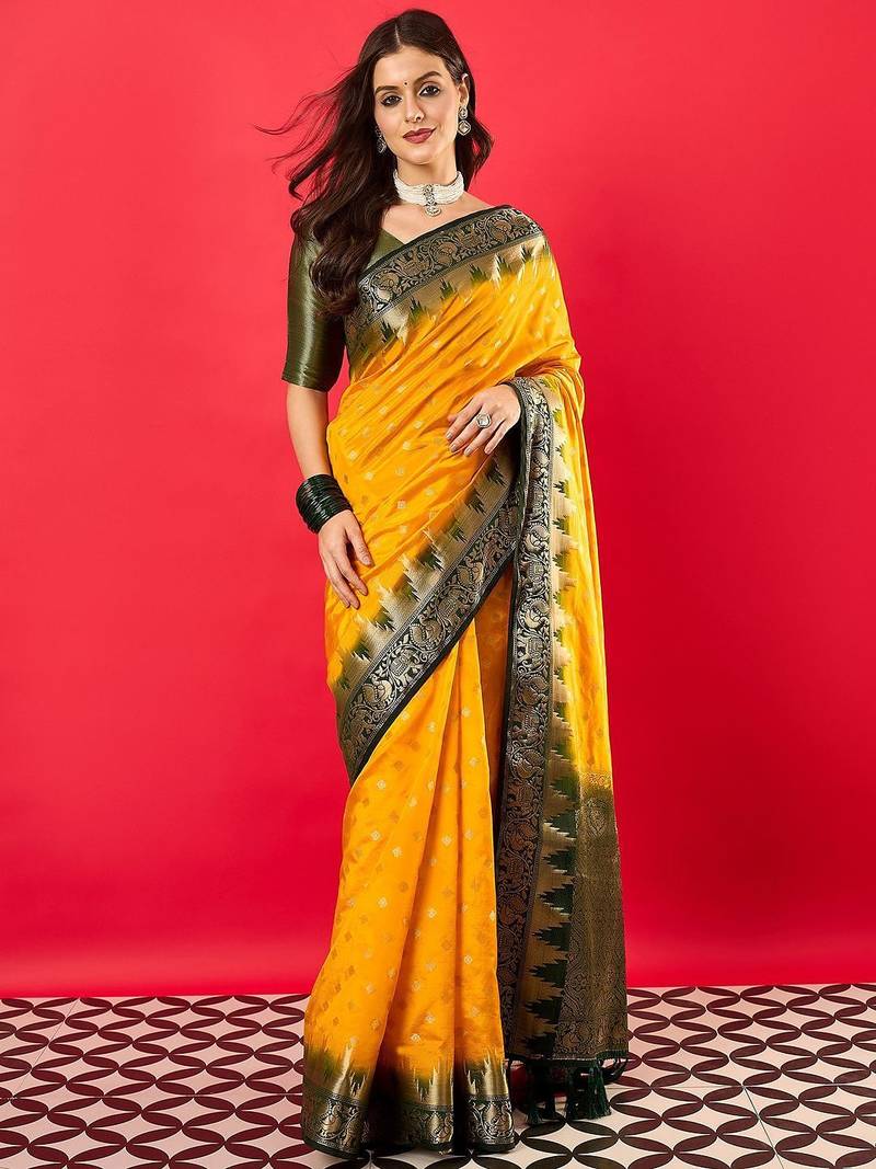 Yellow woven design zari banarasi saree
