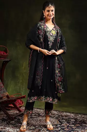 women ethnic motifs embroidered regular thread work kurta with trousers & with dupatta