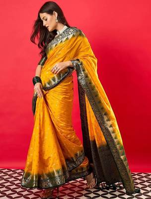 Yellow woven design zari banarasi saree 2