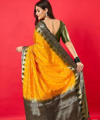 Yellow woven design zari banarasi saree 3