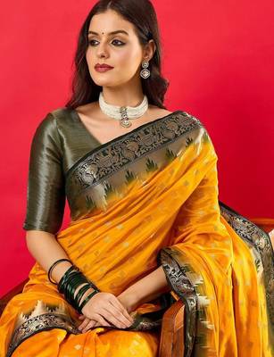 Yellow woven design zari banarasi saree 5