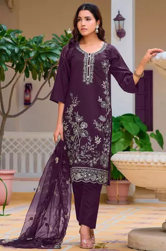 floral embroidered chanderi cotton straight kurta with trousers & dupatta
