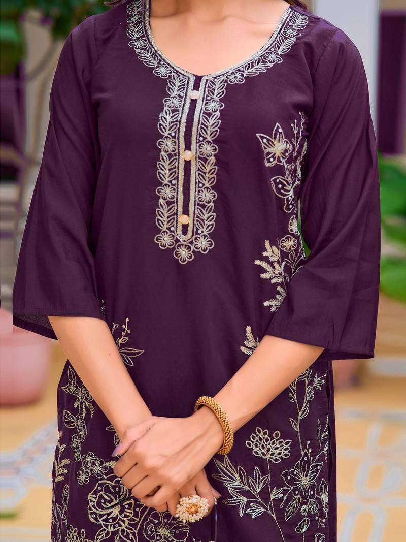 floral embroidered chanderi cotton straight kurta with trousers & dupatta
