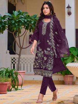 floral embroidered chanderi cotton straight kurta with trousers & dupatta 5
