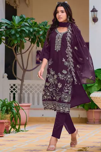 floral embroidered chanderi cotton straight kurta with trousers & dupatta
