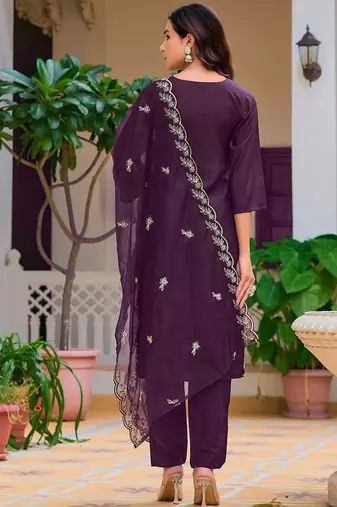 floral embroidered chanderi cotton straight kurta with trousers & dupatta
